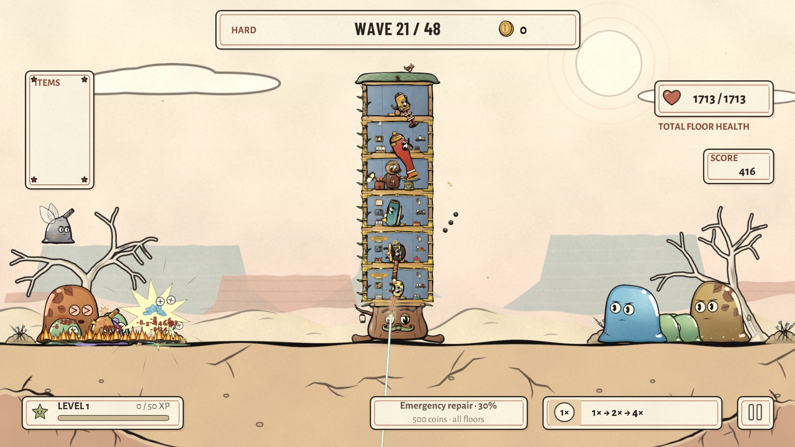 A six-floor tower of weapons in the pale desert